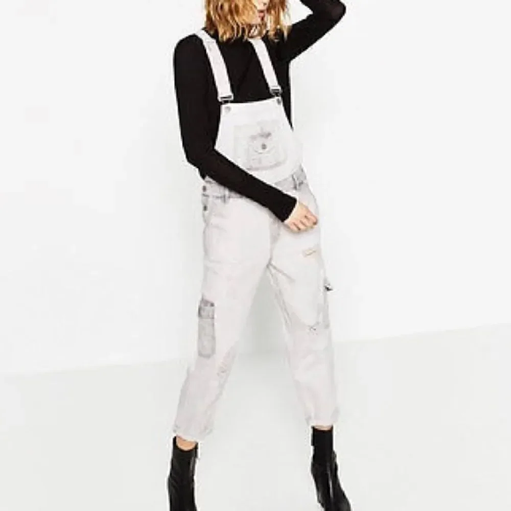 Zara Basic Bleach Distressed Cargo Style Jeans Overalls, Sz Small - Picture 8 of 15